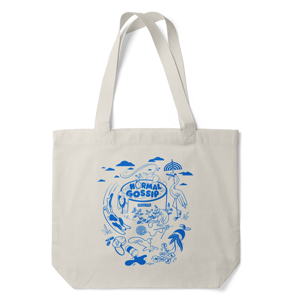 A tote bag with a Normal Gossip drawing on it, in blue, with lots of NG references