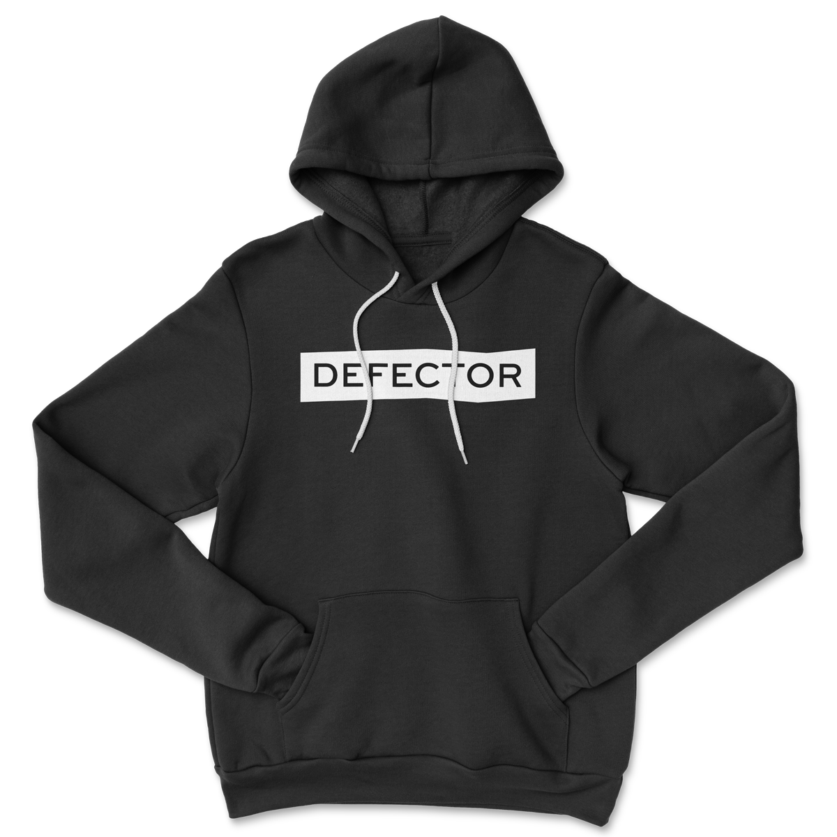 a black hoodie with white pullstrings with the Defector logo in the center