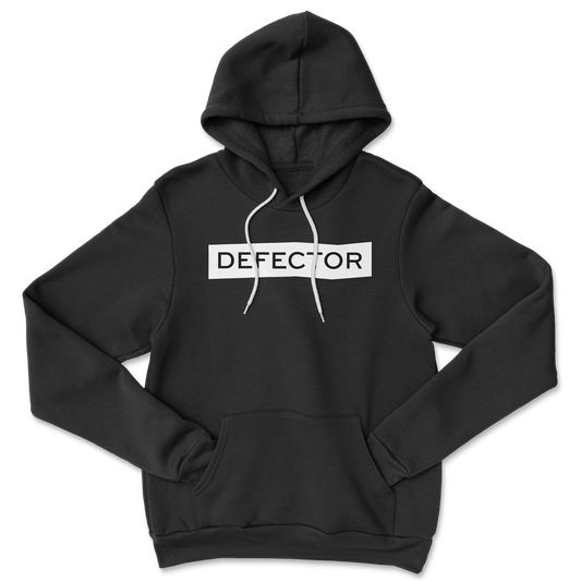 a black hoodie with white pullstrings with the Defector logo in the center