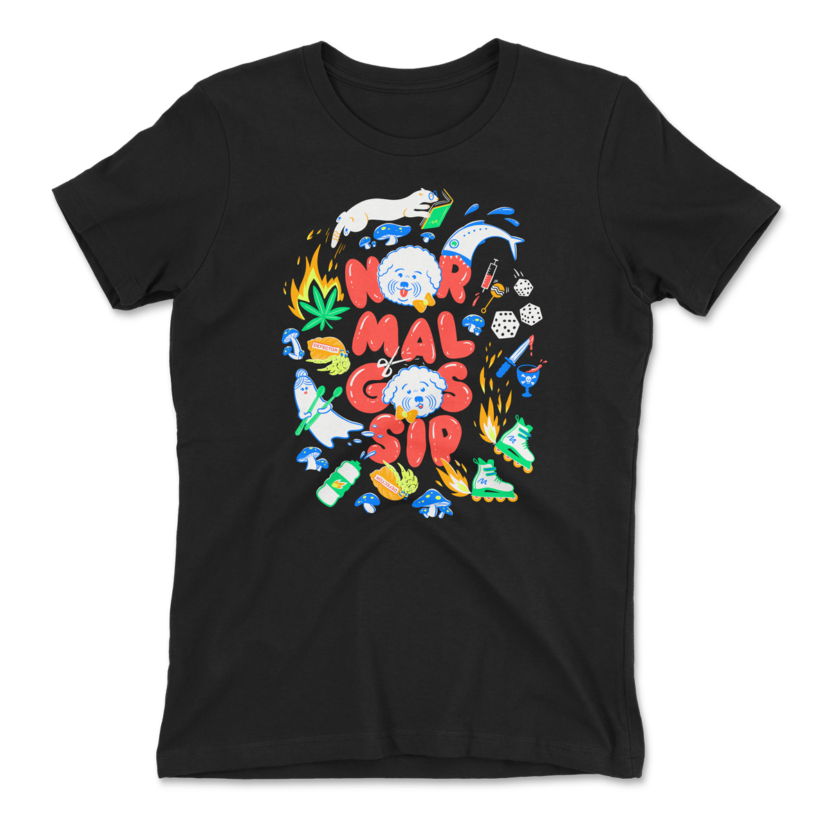 Black femme t-shirt with artsy Normal Gossip logo where the O’s are dogs. The logo is surrounded by a ghost, crabs, weed leaves, roller skates, fish, dice, kives, rollerblades, mushrooms and other references to episodes.