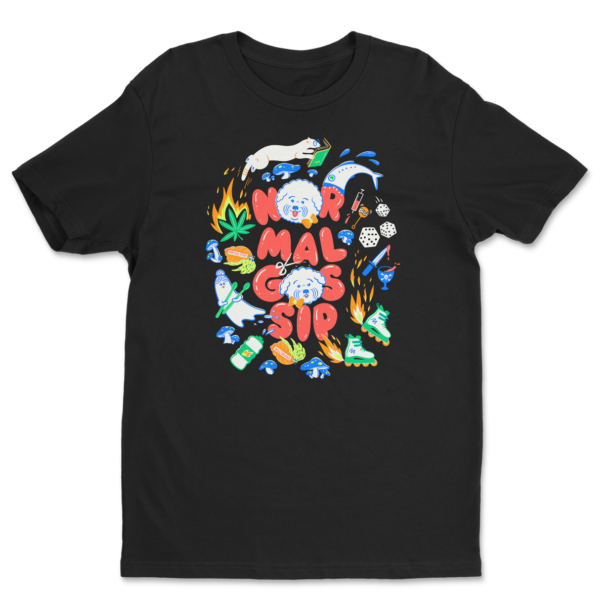 Black unisex t-shirt with artsy Normal Gossip logo where the O’s are dogs. The logo is surrounded by a ghost, crabs, weed leaves, roller skates, fish, dice, kives, rollerblades, mushrooms and other references to episodes.