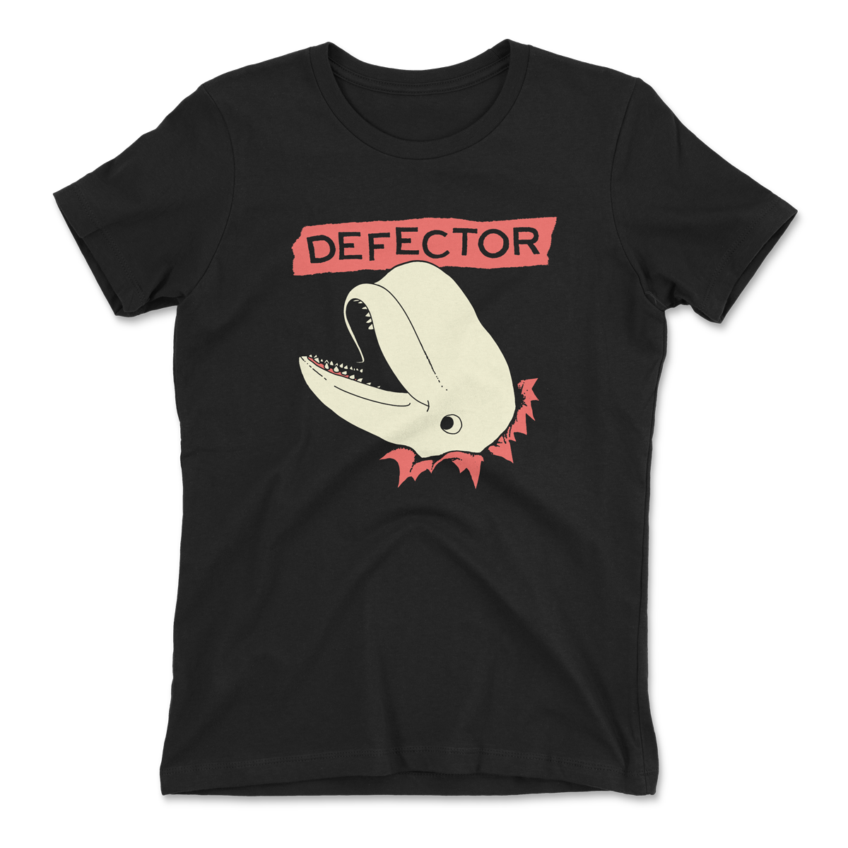 Whale bursting through black t-shirt with Defector logo above it