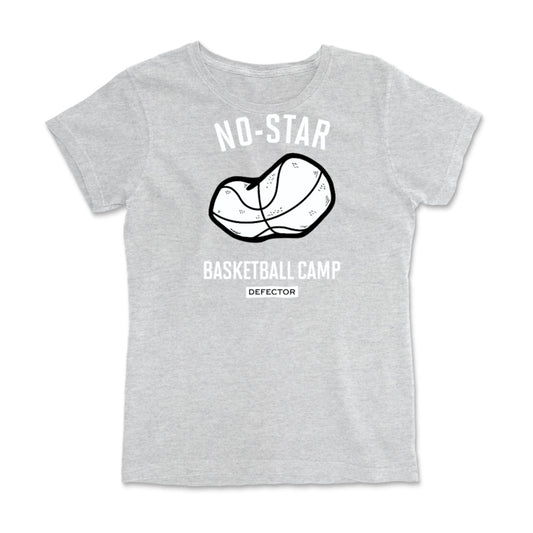 No Star basketball camp t-shirt in grey. Says "NO STAR BASKETBALL CAMP with a deflated basketball in the middle and a defector logo below.