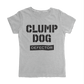 A grey Clump Dog shirt. It says CLUMP DOG in a stencil font and then DEFECTOR under it. In femme.