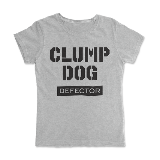 A grey Clump Dog shirt. It says CLUMP DOG in a stencil font and then DEFECTOR under it. In femme.