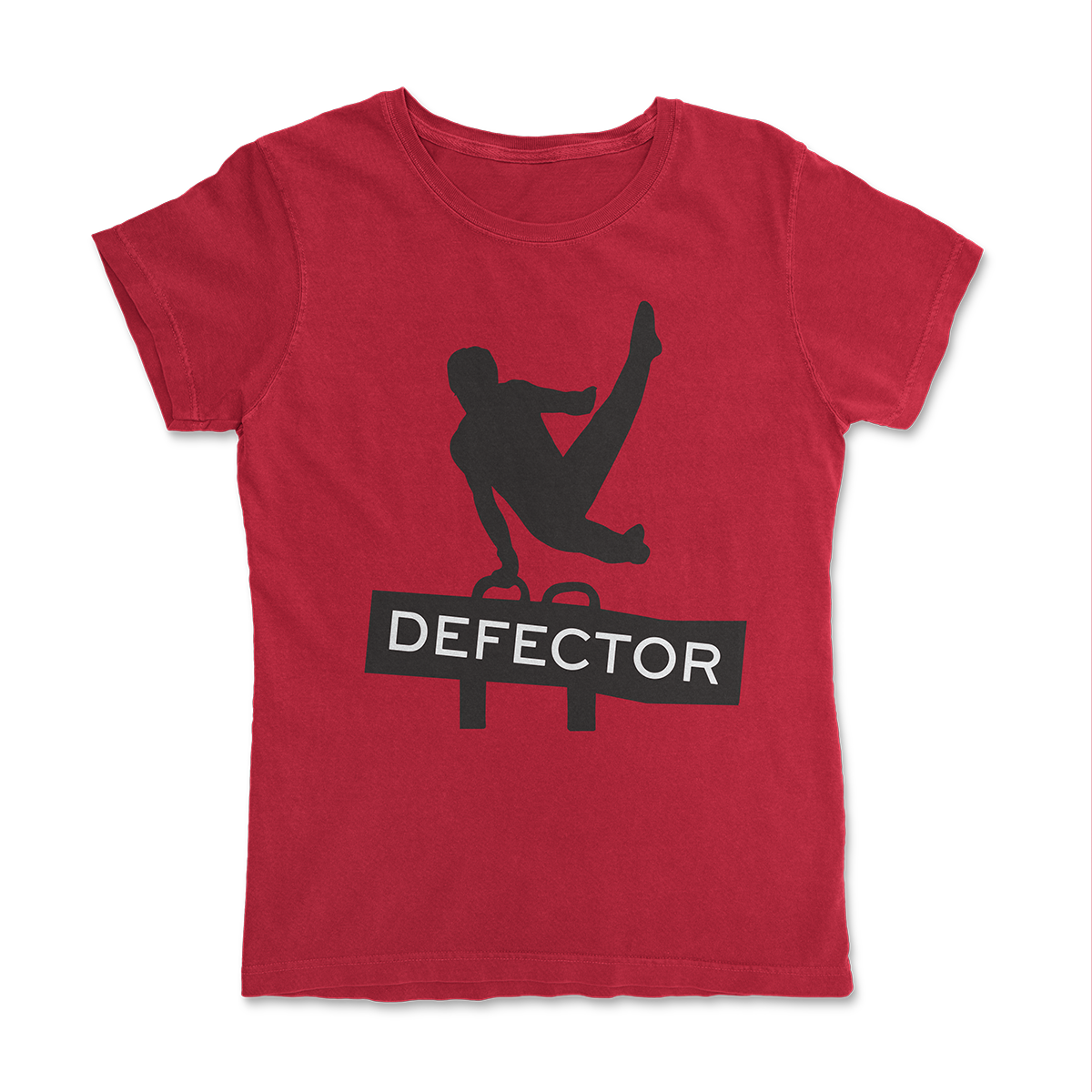 Red Defector shirt with a black silhouette of a man doing pommel horse but the pommel horse is the Defector logo