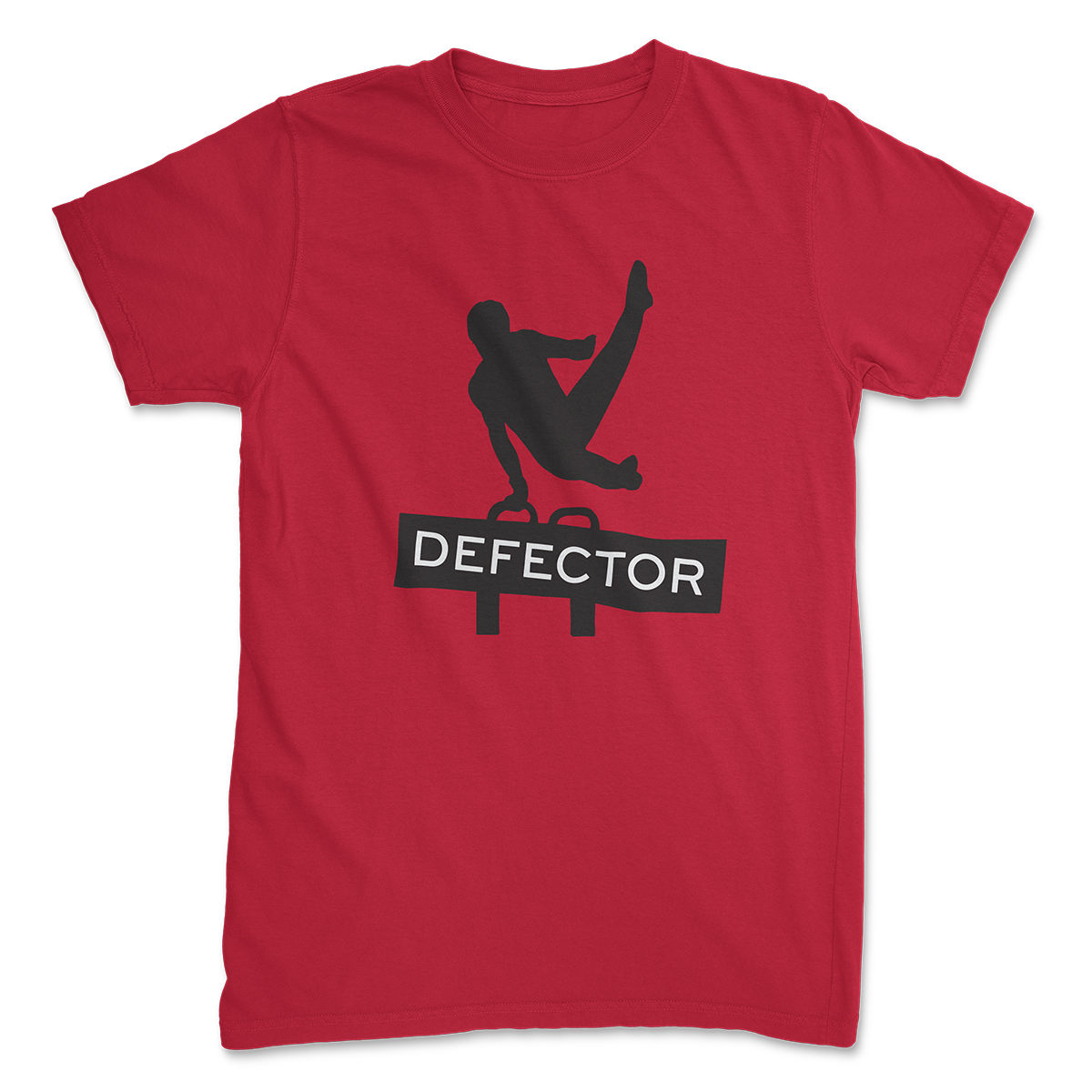 Red Defector shirt with a black silhouette of a man doing pommel horse but the pommel horse is the Defector logo