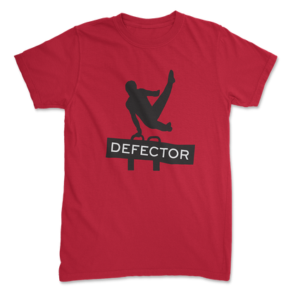Red Defector shirt with a black silhouette of a man doing pommel horse but the pommel horse is the Defector logo