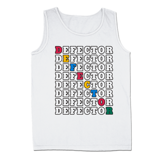 The defector tank. White tank top with Defector written in a box. Eight rows across eight rows down. Diagonally defector is colored in.