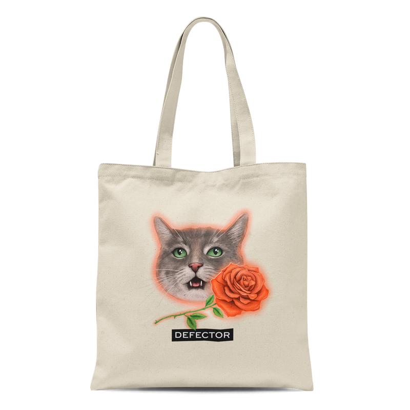 A photorealistic drawing of a cat with a rose in front of it, and Defector below it