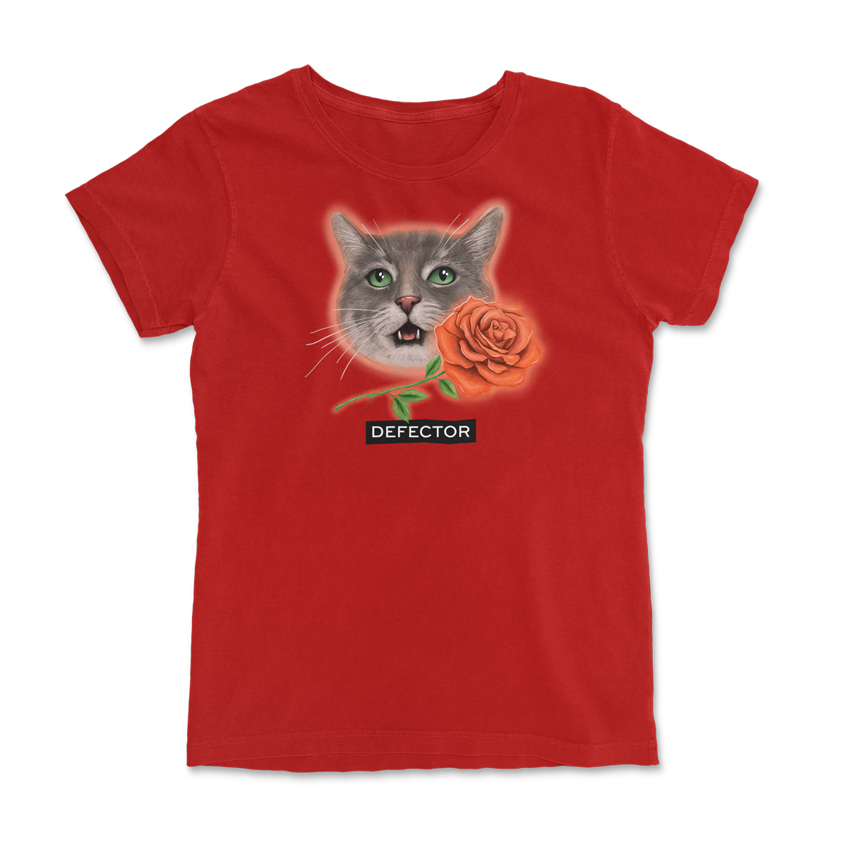 Very photogenic cat drawing. The cat is grey with white markings and some tabby colors. There is a red rose and the Defector logo under it. RED SHIRT