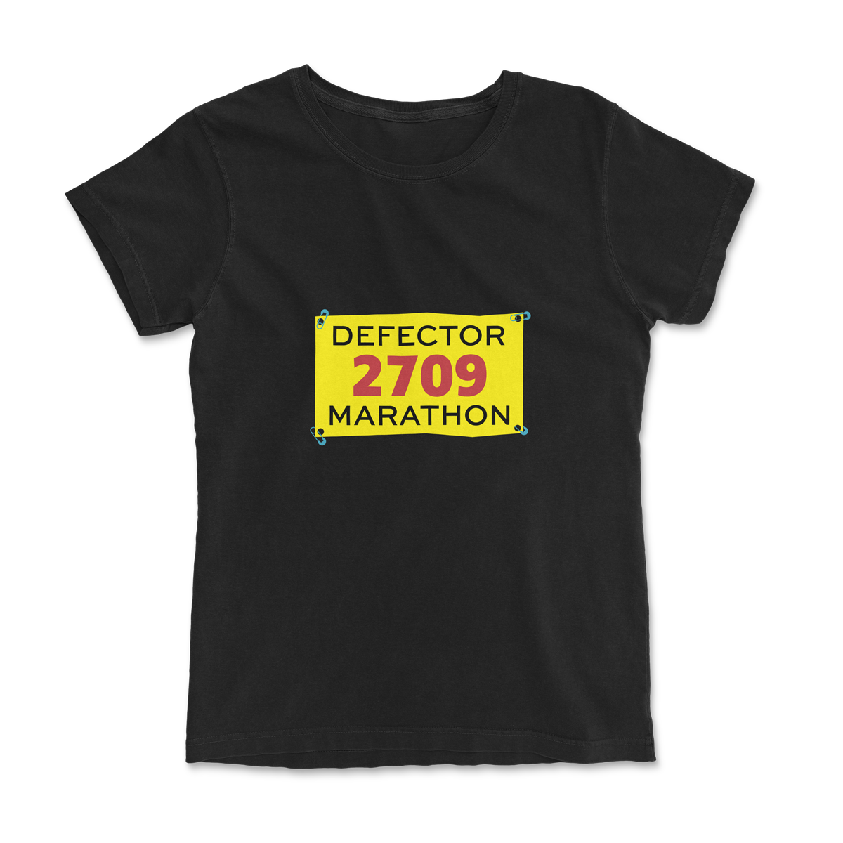 Black t-shirt with DEFECTOR 2709 MARATHON bib printed on