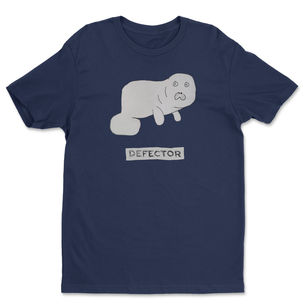 Hand-drawn Devin the Dugong tee with a hand drawn defector logo below it