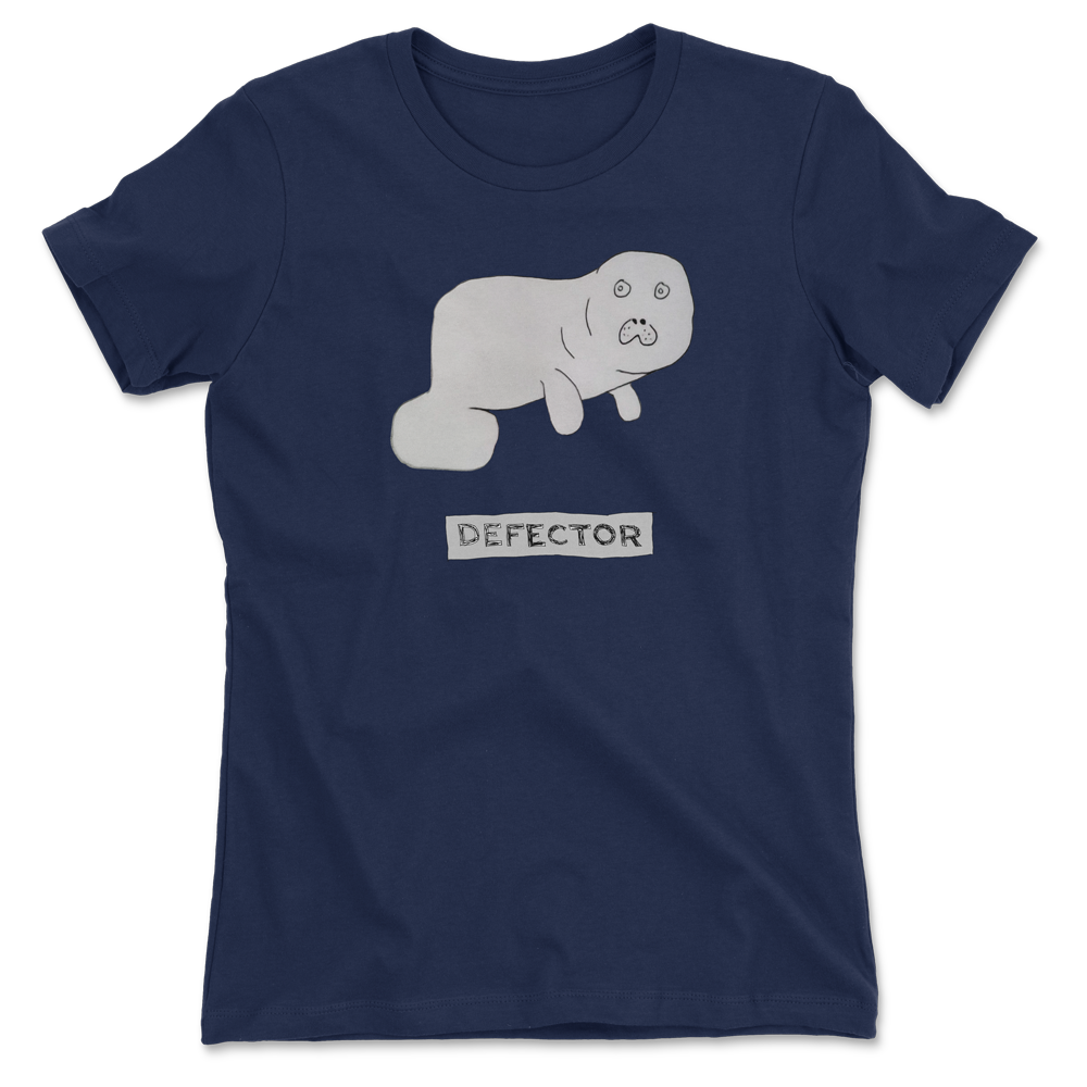 Hand-drawn Devin the Dugong tee with a hand drawn defector logo below it