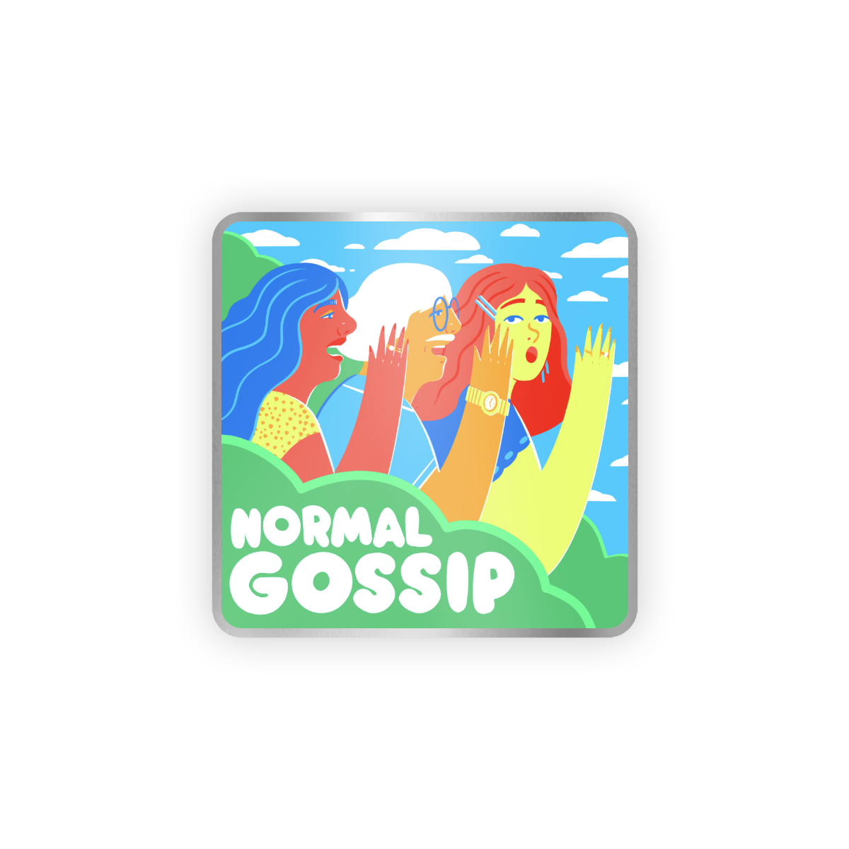 A normal gossip lapel pin with the logo and words normal gossip
