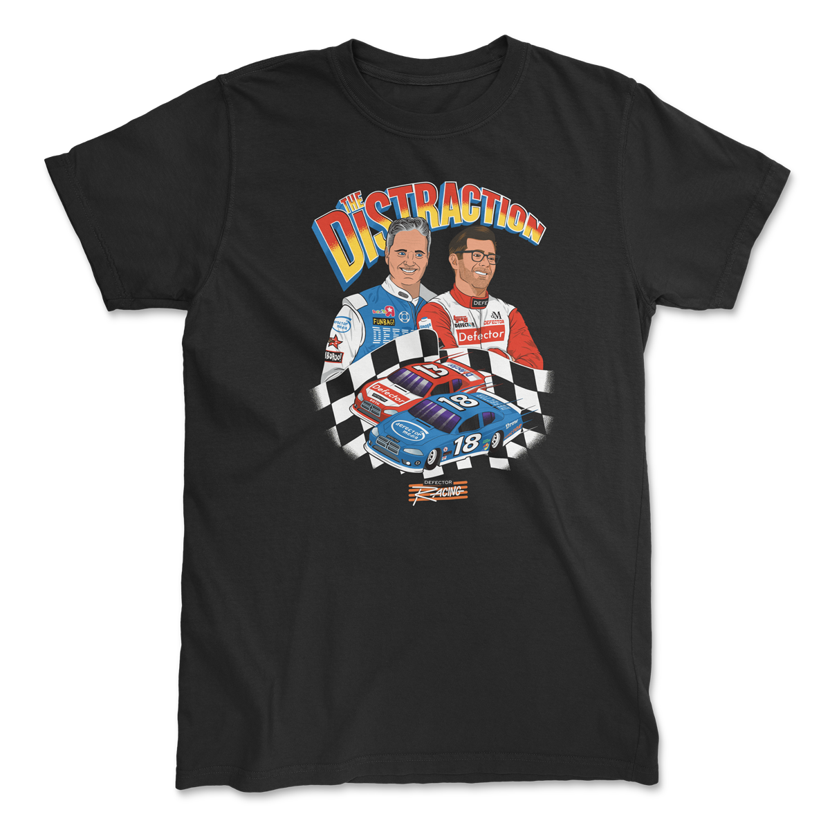 Distraction tee with drew and roth and an auto racing theme. Black t-shirt.