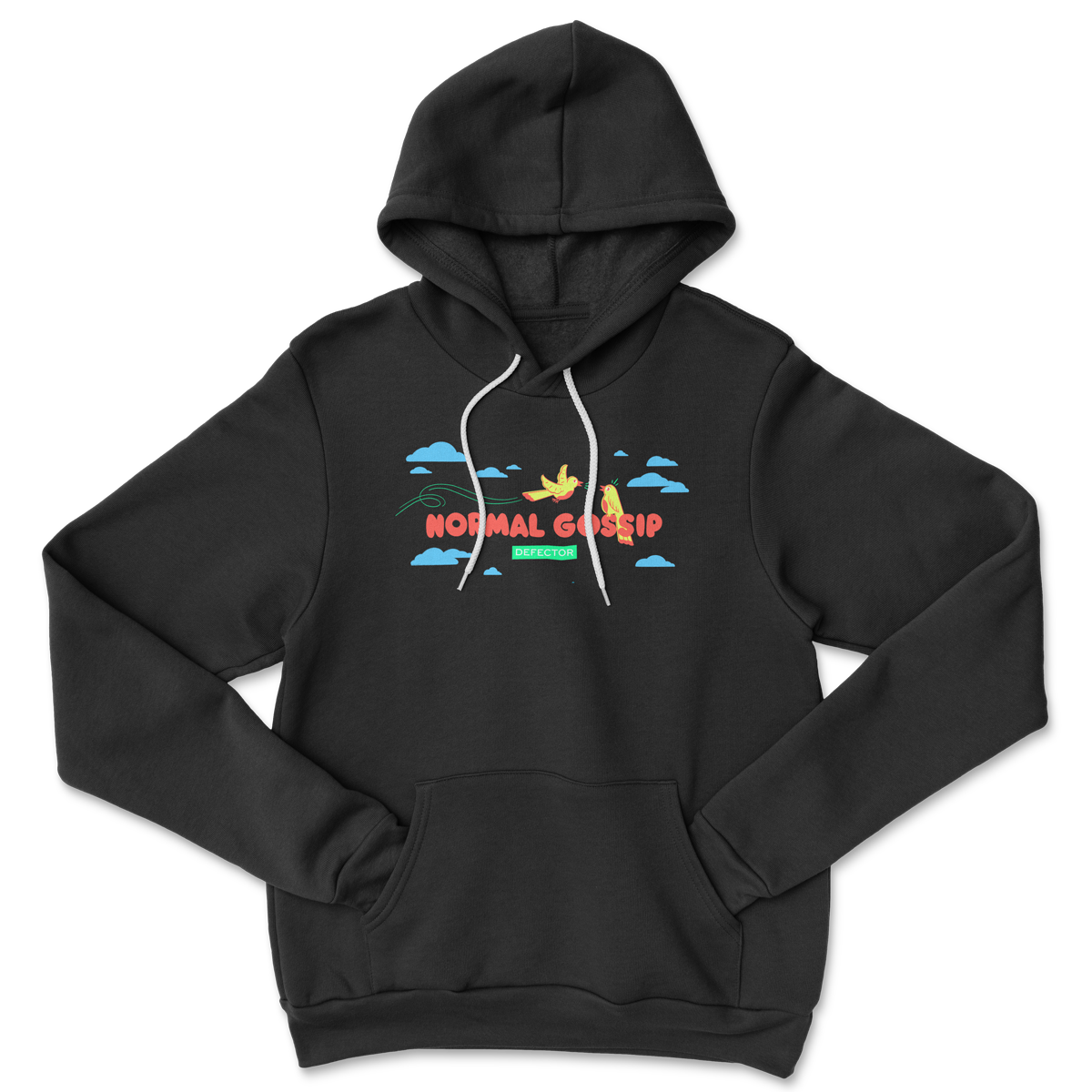 A plain black hoodie, with a Normal Gossip logo on it. Surrounding that are two chirping birds, and there are blue clouds on it as well.