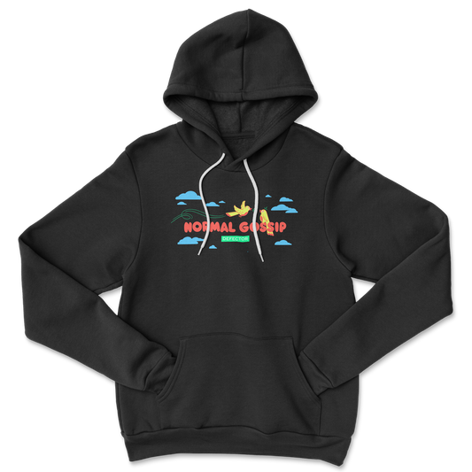 A plain black hoodie, with a Normal Gossip logo on it. Surrounding that are two chirping birds, and there are blue clouds on it as well.