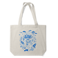 A tote bag with a Normal Gossip drawing on it, in blue, with lots of NG references