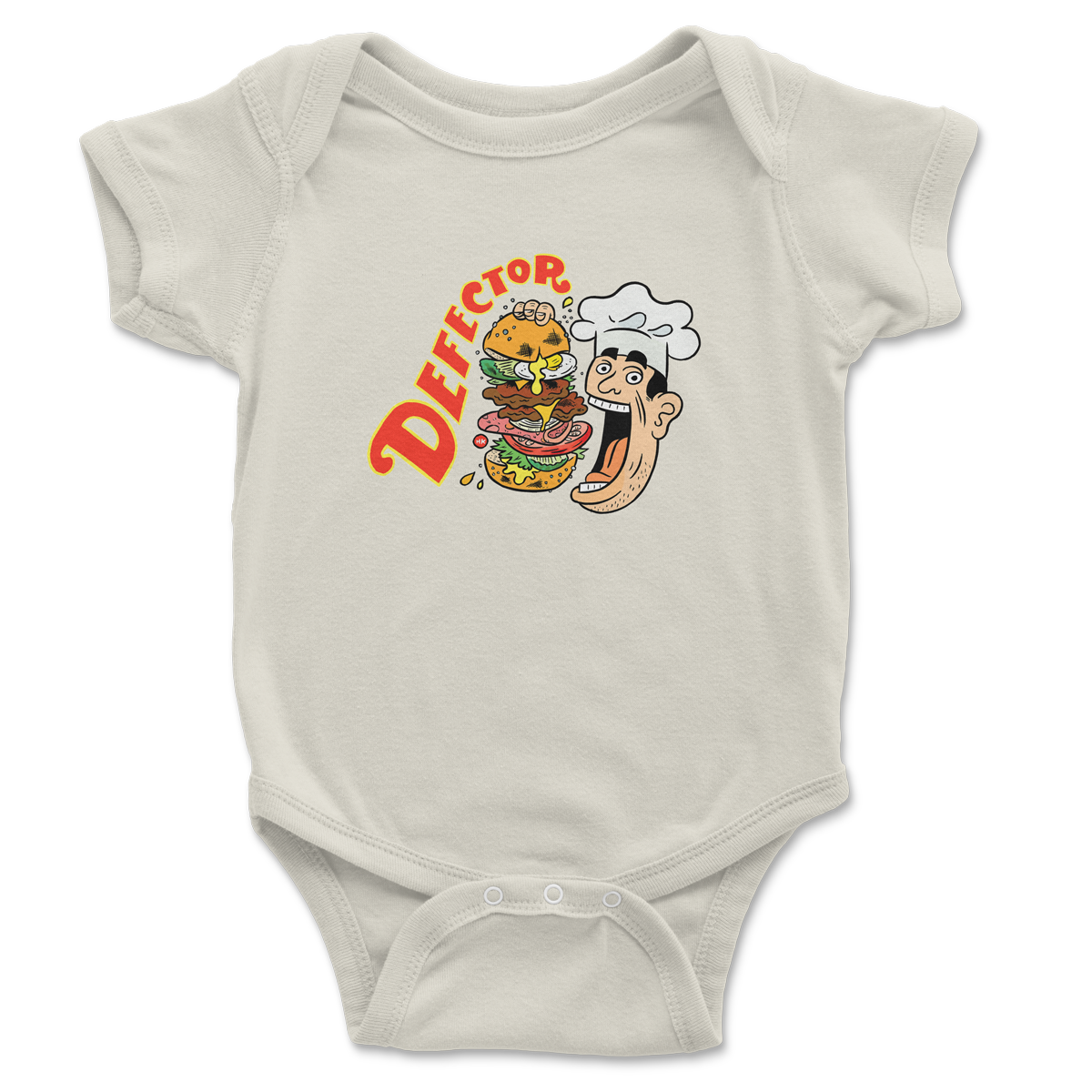 A baby onesie with a chef eating a giant sandwich and it says DEFECTOR