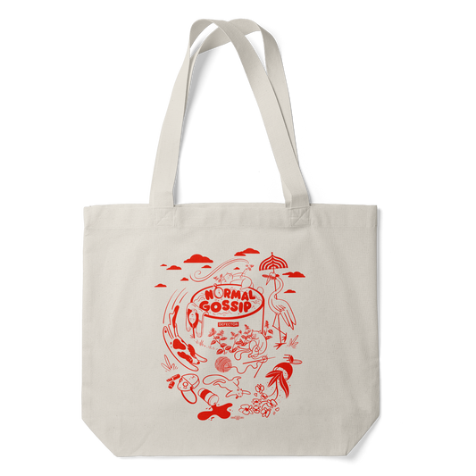 A tote bag with a Normal Gossip drawing on it, in red, with lots of NG references