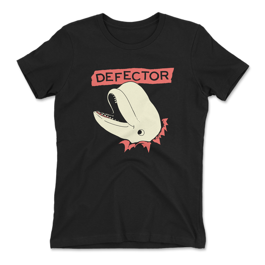 Whale bursting through black t-shirt with Defector logo above it