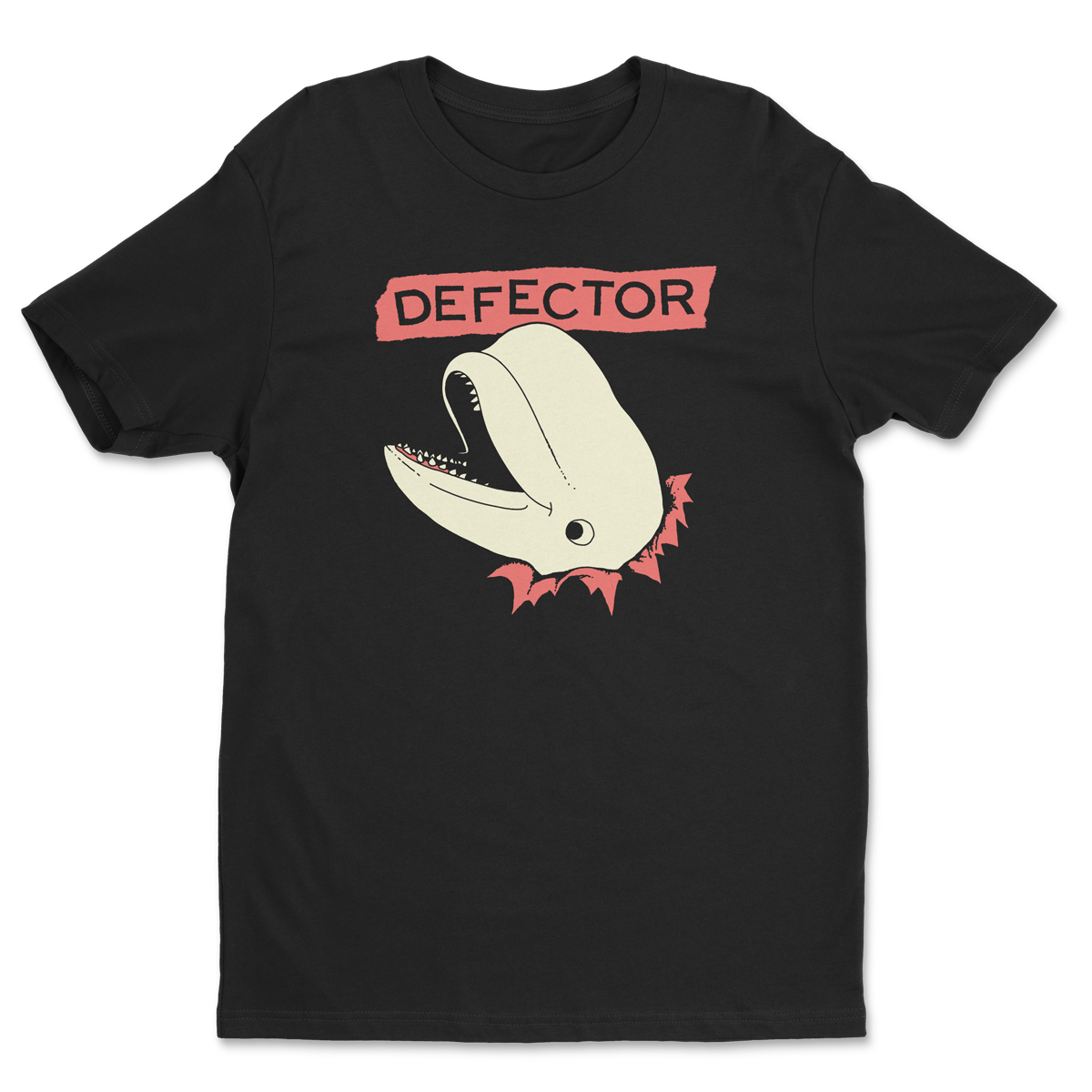 Whale bursting through black t-shirt with Defector logo above it
