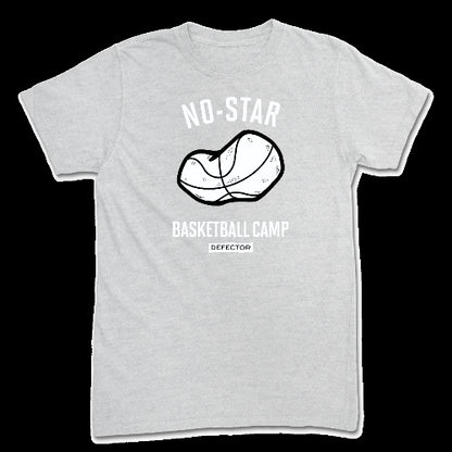No Star basketball camp t-shirt in grey. Says "NO STAR BASKETBALL CAMP with a deflated basketball in the middle and a defector logo below.