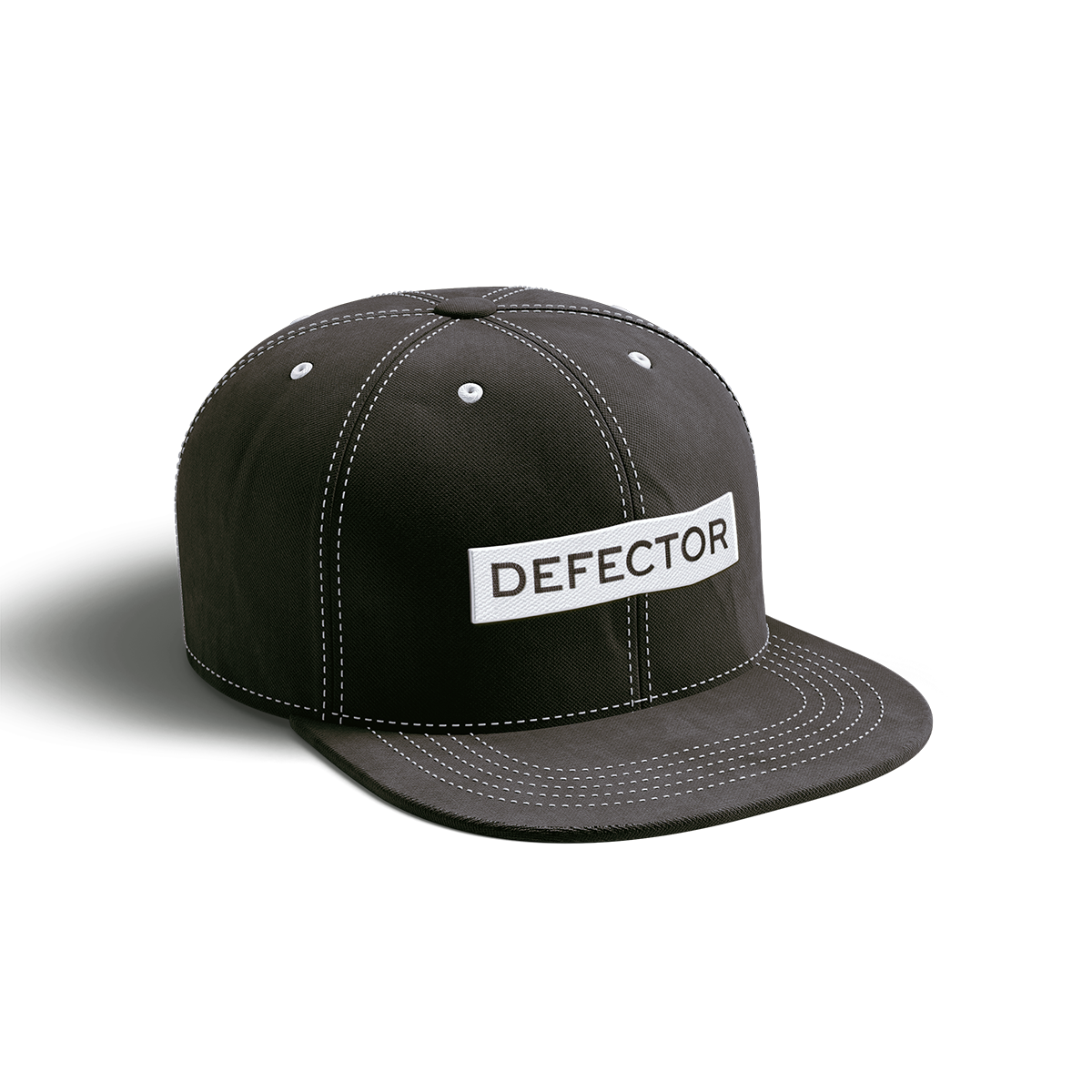 This is a black baseball cap with white stitching. It features a three-inch wide "DEFECTOR" logo stitched, white logo with black text.