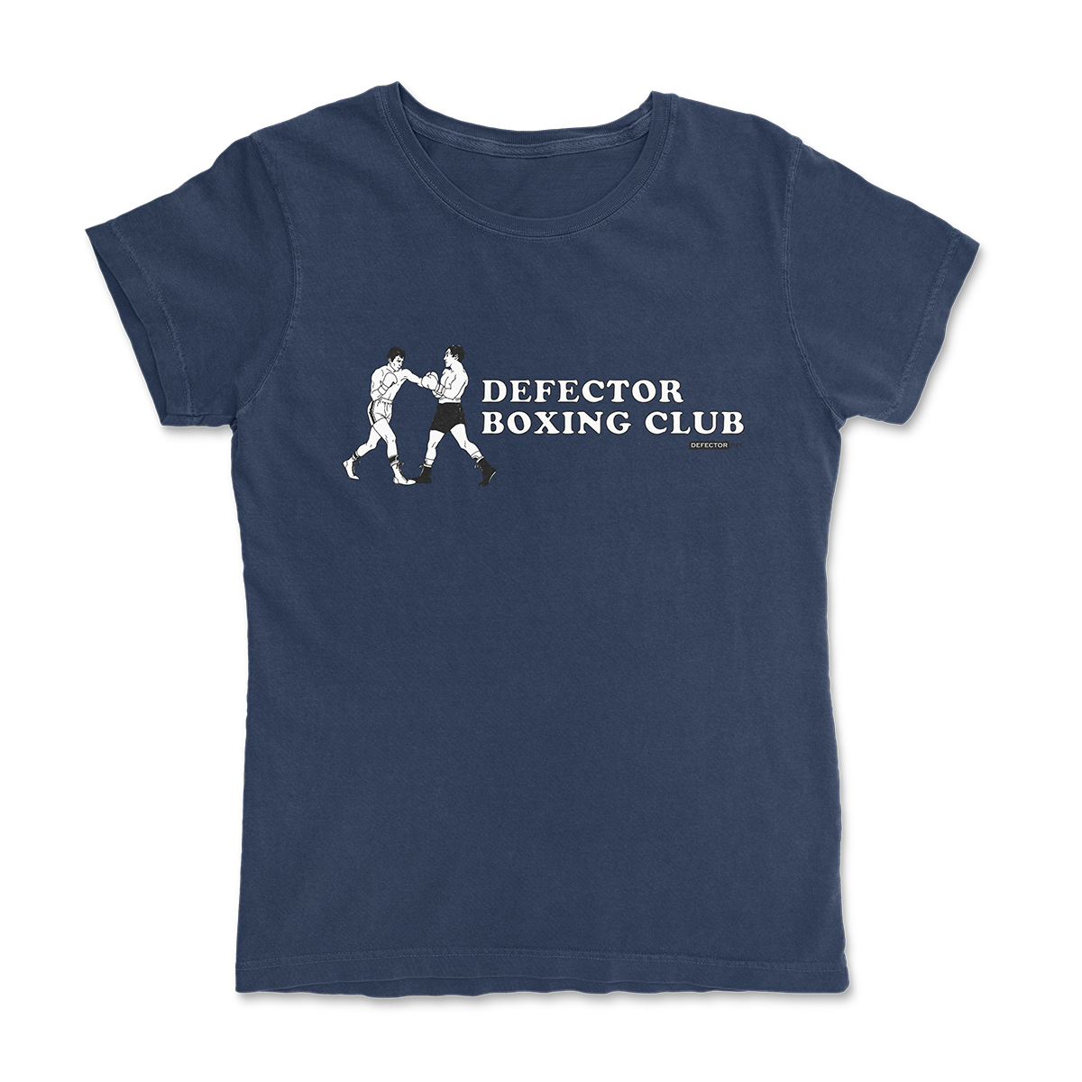 Defector shirt that says “DEFECTOR BOXING CLUB.” Features clip art of boxers.  Navy shirt in ‘femme’ cut.