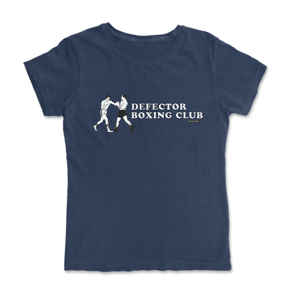 Defector shirt that says “DEFECTOR BOXING CLUB.” Features clip art of boxers.  Navy shirt in ‘femme’ cut.