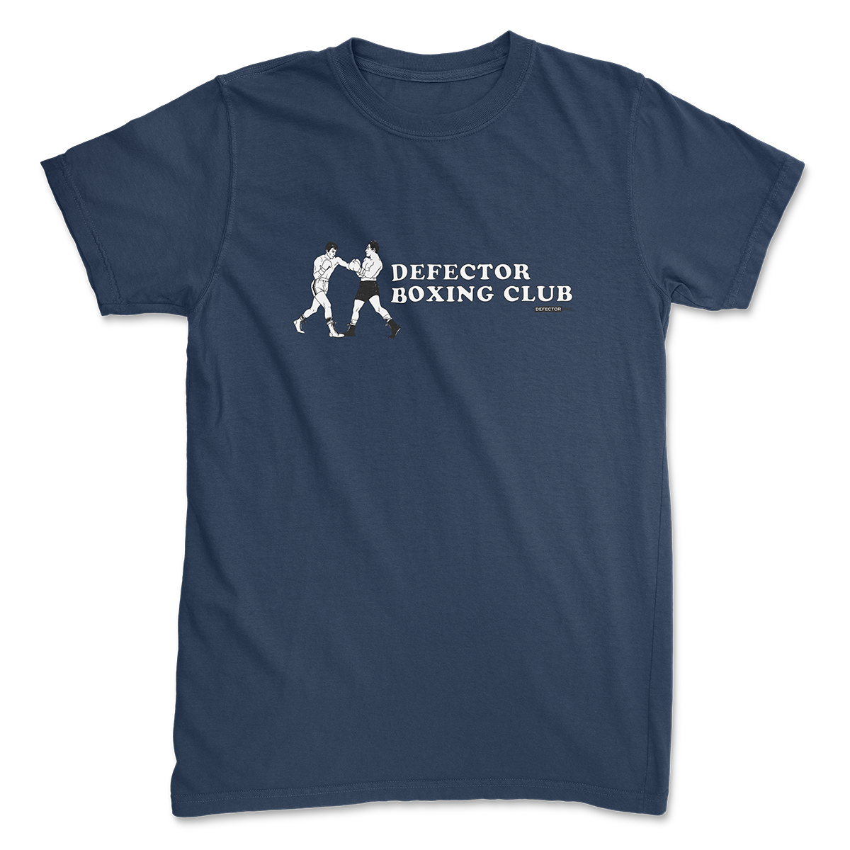 Defector shirt that says “DEFECTOR BOXING CLUB.” Features clip art of boxers.  Blue shirt in ‘unisex’ cut.