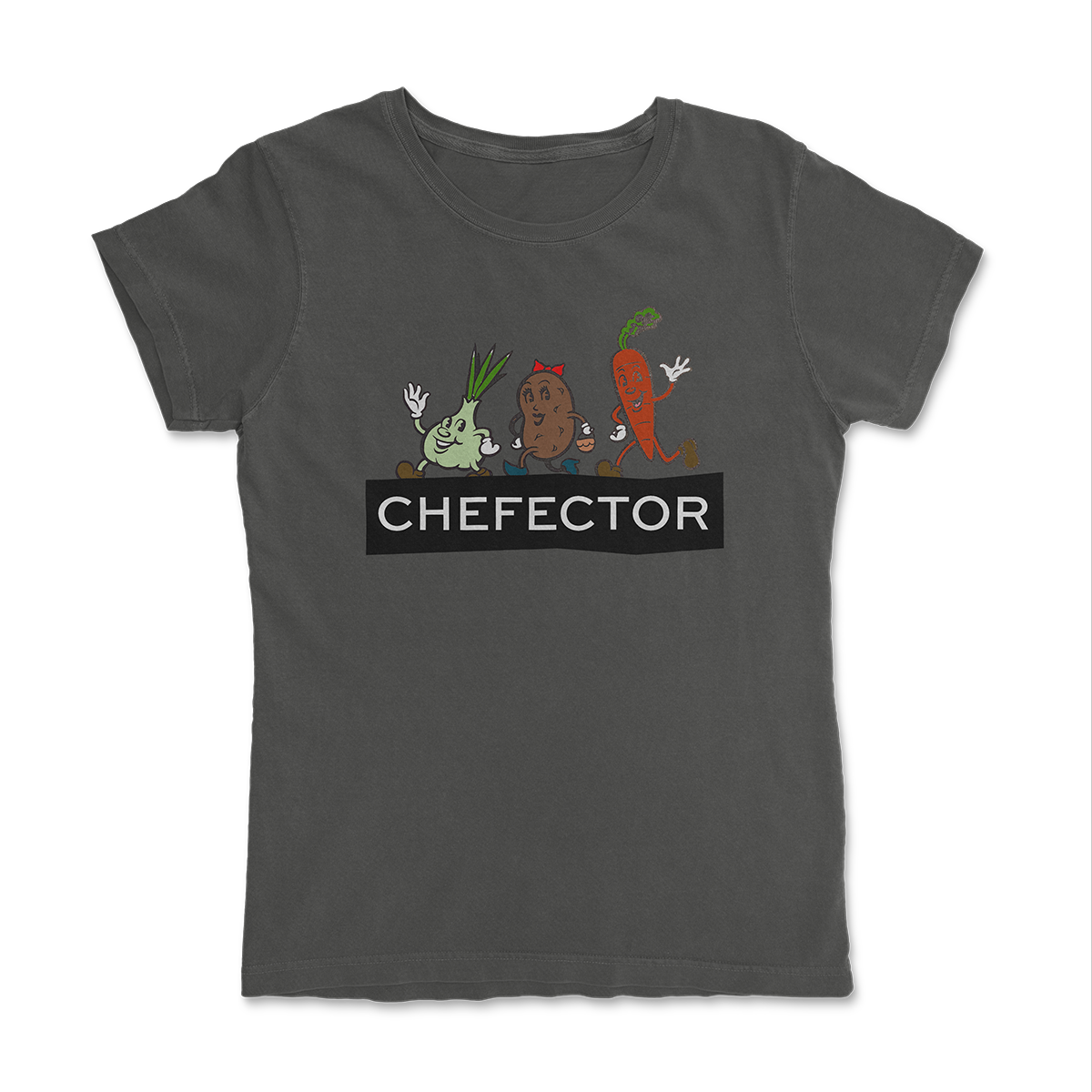 Chefector shirt with CHEFECTOR logo and three veggies dancing