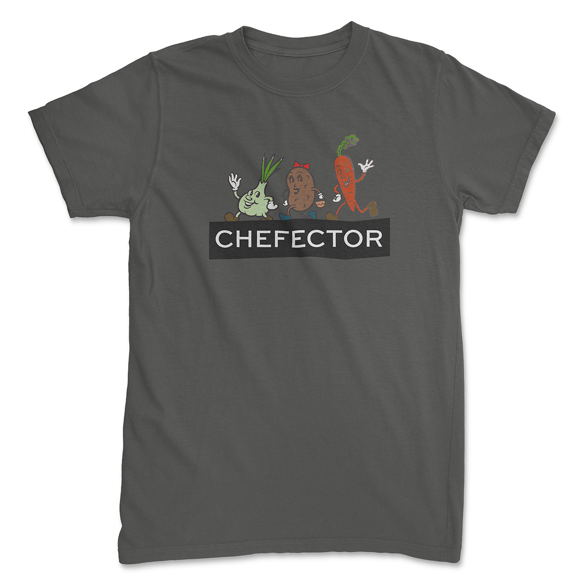 Chefector shirt with CHEFECTOR logo and three veggies dancing