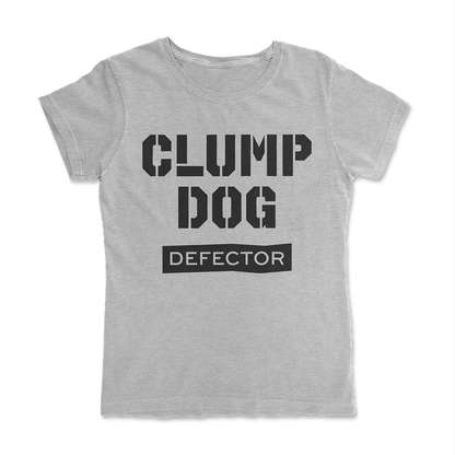 A grey Clump Dog shirt. It says CLUMP DOG in a stencil font and then DEFECTOR under it. In femme.