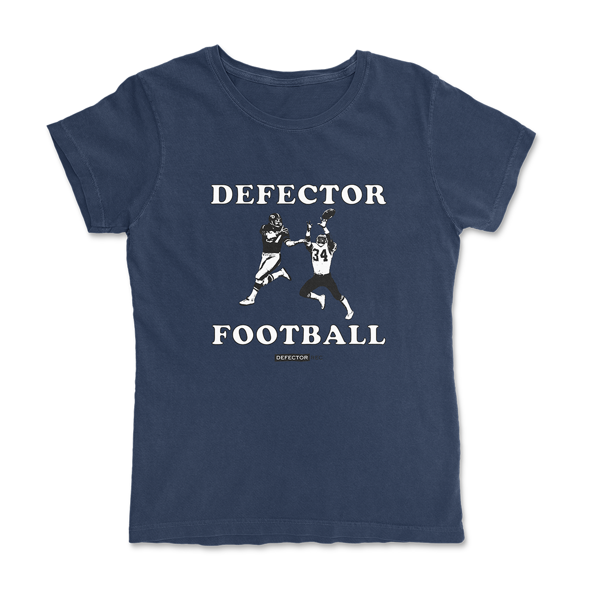 Defector shirt that says “DEFECTOR FOOTBALL.” Features clip art of American football players.  Navy shirt in ‘femme’ cut.