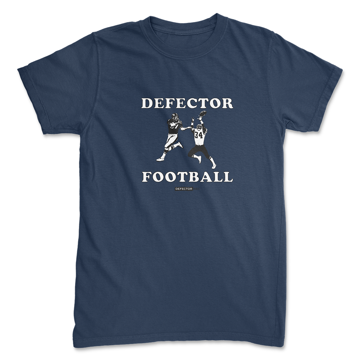 Defector shirt that says “DEFECTOR FOOTBALL.” Features clip art of American football players.  Navy shirt in ‘unisex’ cut.