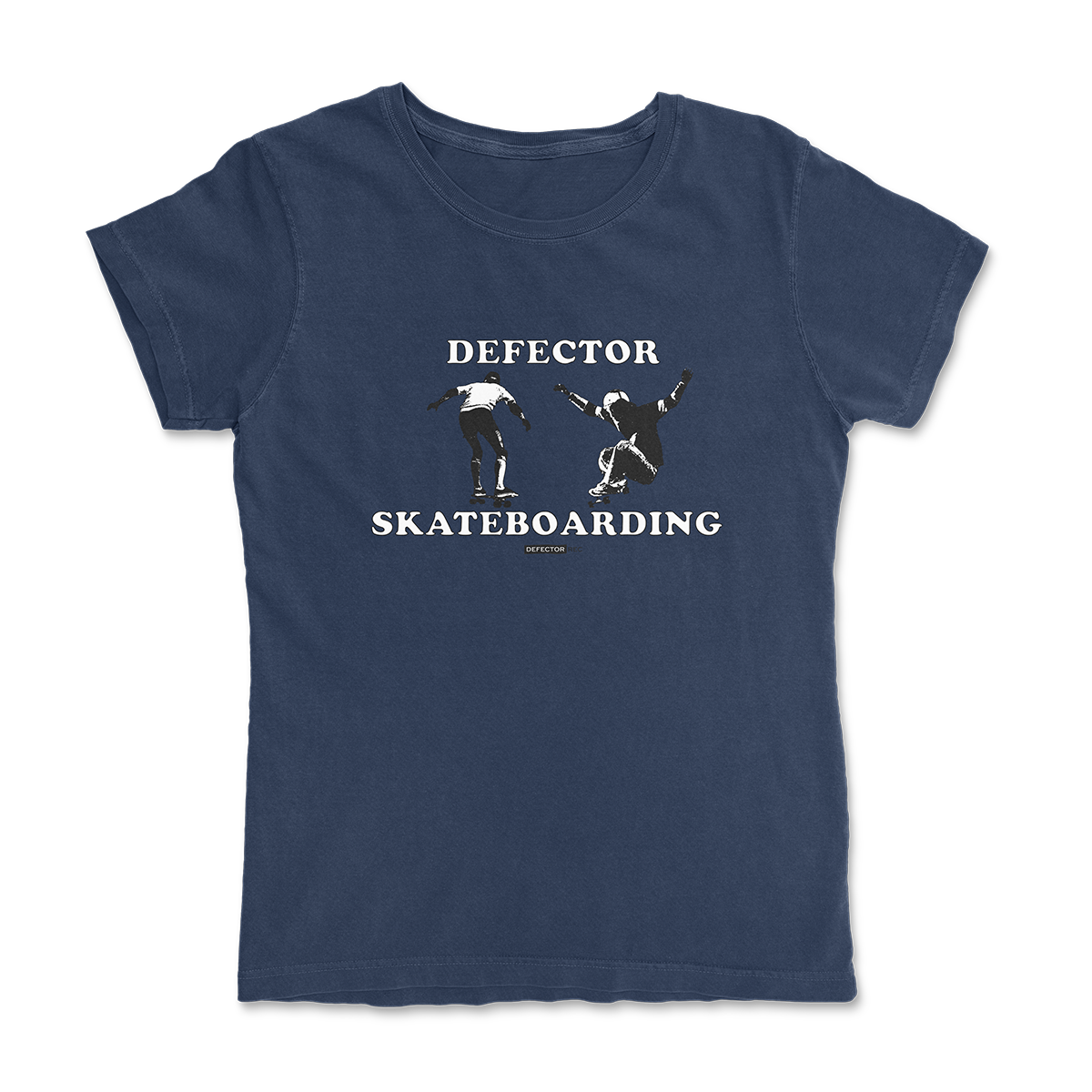 Defector shirt that says “DEFECTOR SKATEBOARDING.” Features clip art of skateboarding. Blue shirt in ‘femme’ cut.