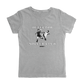 Defector shirt that says “DEFECTOR SOCCER CLUB.” Features clip art of soccer players.  Grey shirt in ‘femme’ cut.