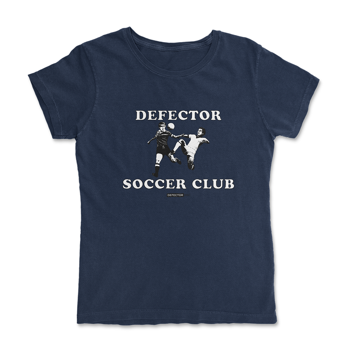 Defector shirt that says “DEFECTOR SOCCER CLUB.” Features clip art of soccer players.  Blue shirt in ‘femme’ cut.