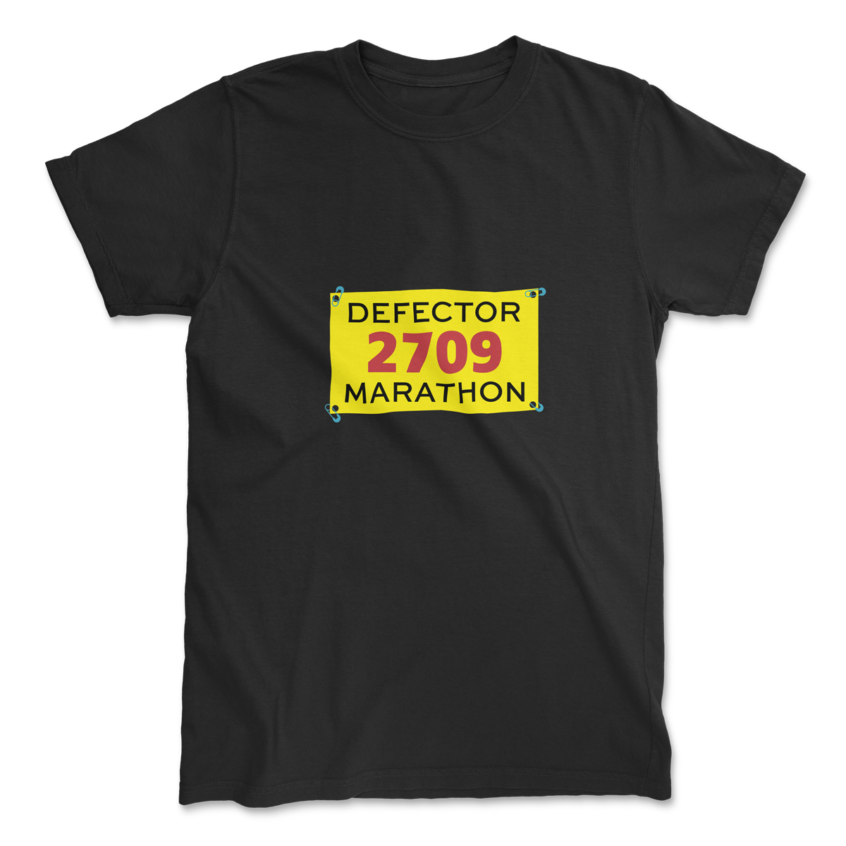 Black t-shirt with DEFECTOR 2709 MARATHON bib printed on