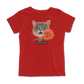 Very photogenic cat drawing. The cat is grey with white markings and some tabby colors. There is a red rose and the Defector logo under it. RED SHIRT