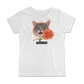 Very photogenic cat drawing. The cat is grey with white markings and some tabby colors. There is a red rose and the Defector logo under it. WHITE SHIRT