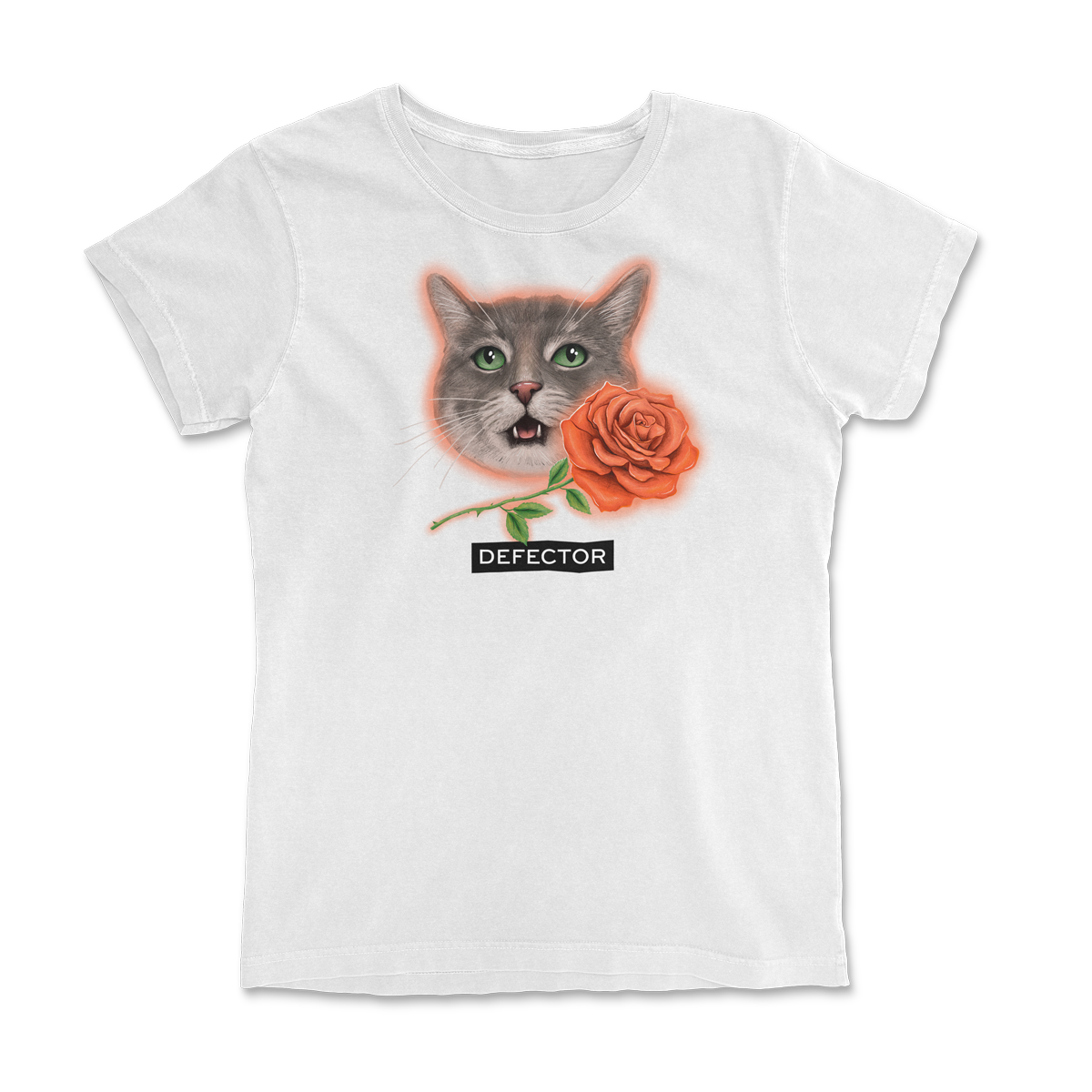 Very photogenic cat drawing. The cat is grey with white markings and some tabby colors. There is a red rose and the Defector logo under it. WHITE SHIRT