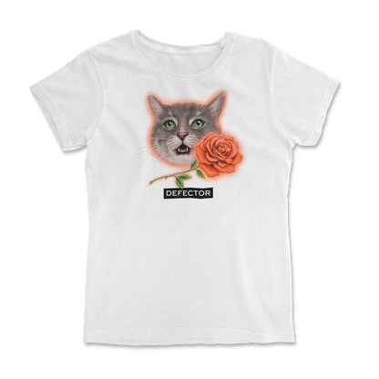 Very photogenic cat drawing. The cat is grey with white markings and some tabby colors. There is a red rose and the Defector logo under it. WHITE SHIRT