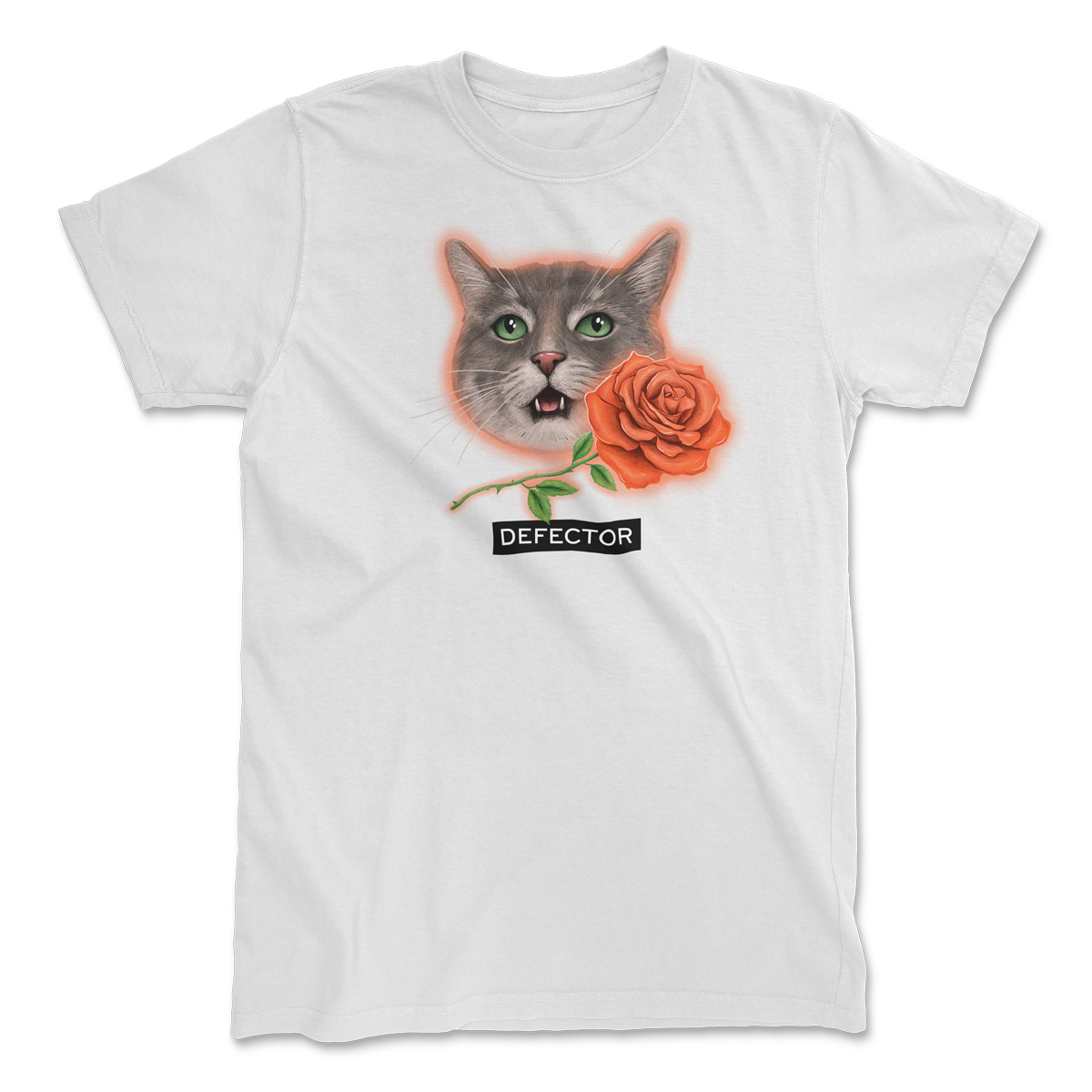 Very photogenic cat drawing. The cat is grey with white markings and some tabby colors. There is a red rose and the Defector logo under it. WHITE SHIRT.