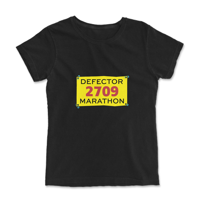 Black t-shirt with DEFECTOR 2709 MARATHON bib printed on