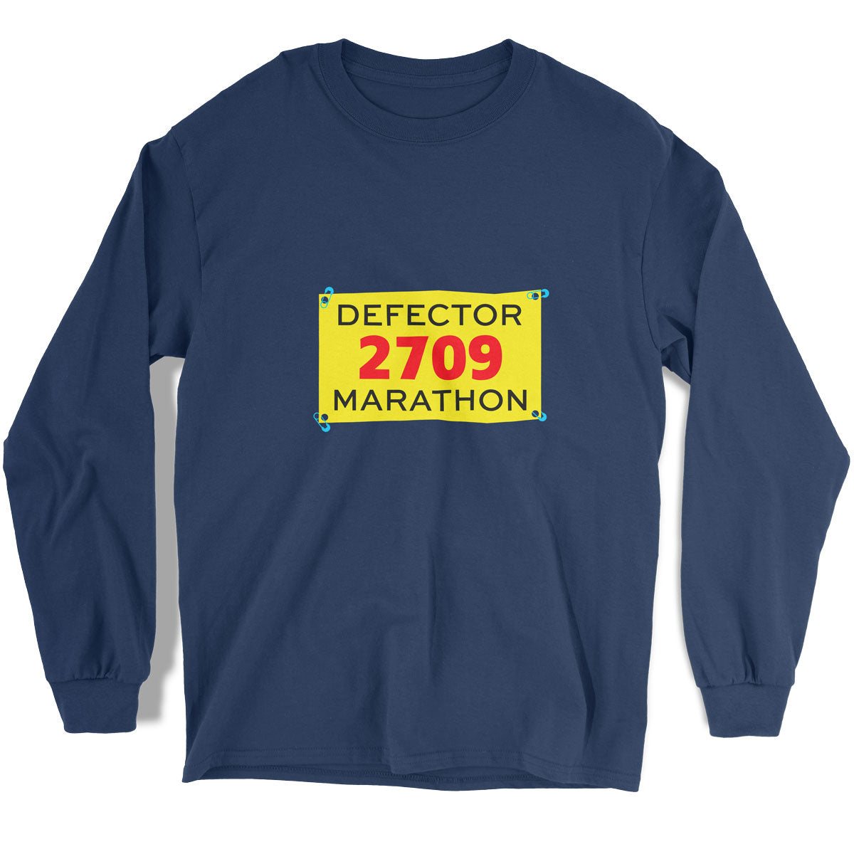 Defector Marathon boue t-shirt with yellow "bib" printed on it, DEFECTOR 2709 MARATHON