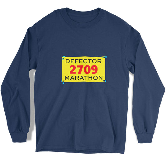 Defector Marathon boue t-shirt with yellow "bib" printed on it, DEFECTOR 2709 MARATHON