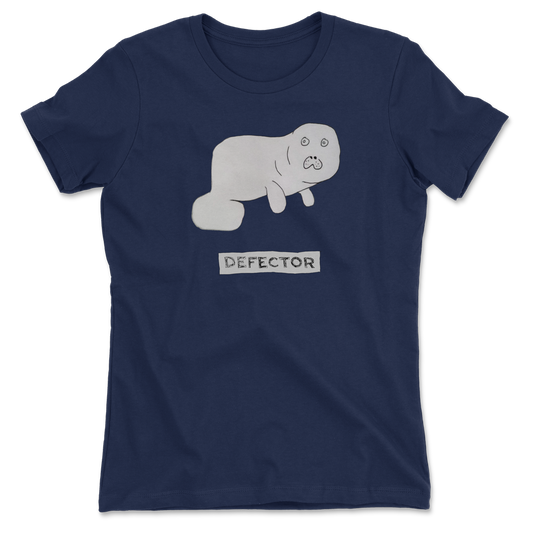 Hand-drawn Devin the Dugong tee with a hand drawn defector logo below it